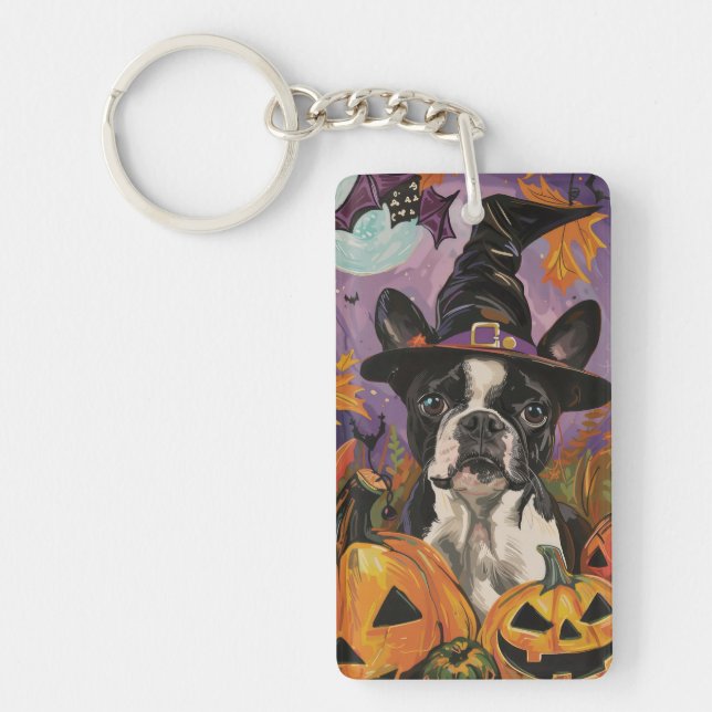 Spooky Boston Terrier Halloween Witch And Pumpkin Keychain (Front)