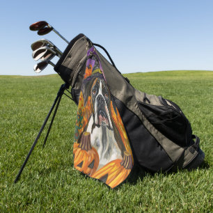 Spooky Boxer Halloween Witch And Pumpkin Golf Towel