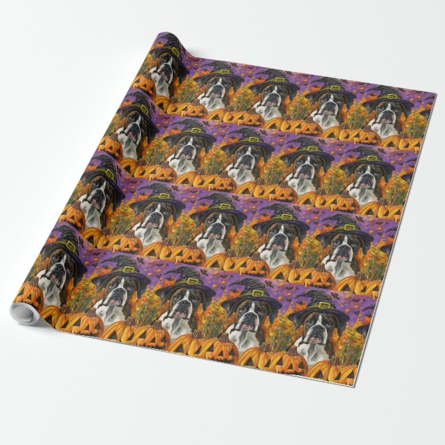Spooky Boxer Halloween Witch And Pumpkin Wrapping Paper (Unrolled)