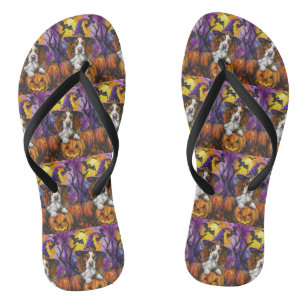 Spooky Brittany Spaniel Halloween Witch Pumpkin Flip Flops