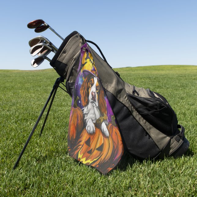 Spooky Brittany Spaniel Halloween Witch Pumpkin  Golf Towel (Green)