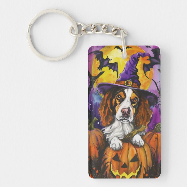 Spooky Brittany Spaniel Halloween Witch Pumpkin  Keychain (Front)