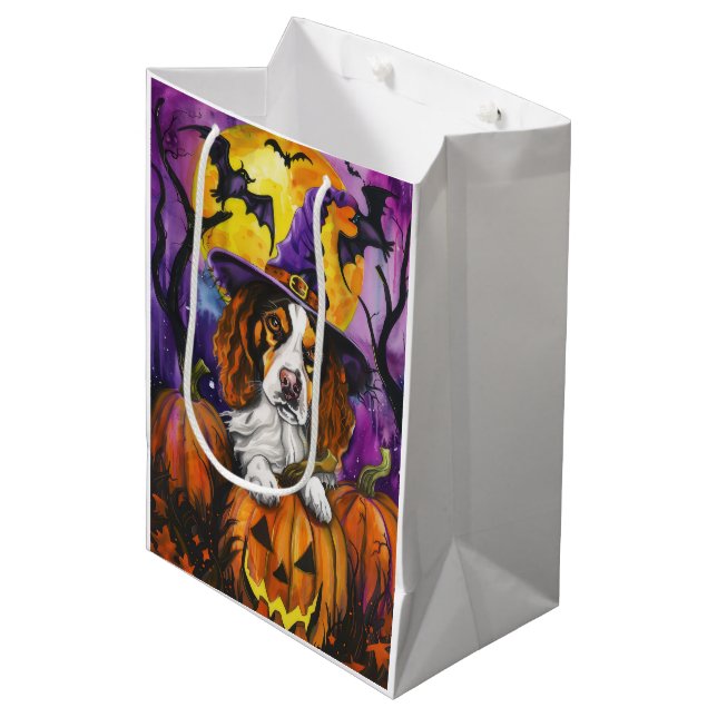Spooky Brittany Spaniel Halloween Witch Pumpkin  Medium Gift Bag (Front Angled)