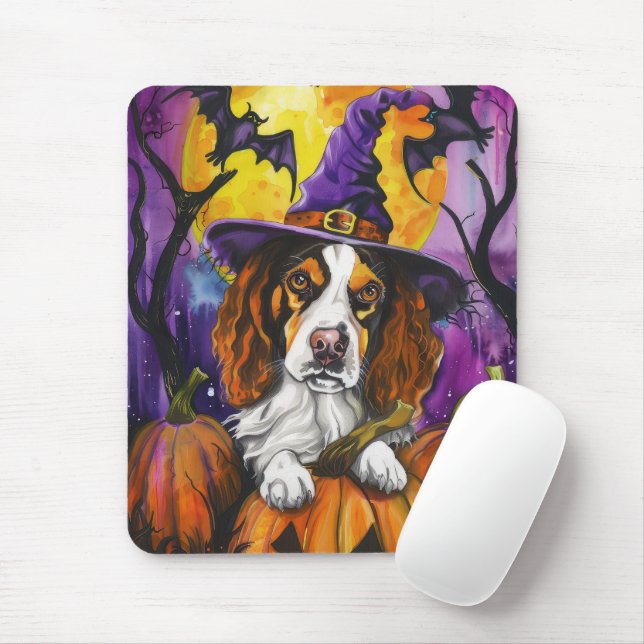 Spooky Brittany Spaniel Halloween Witch Pumpkin  Mouse Pad (With Mouse)