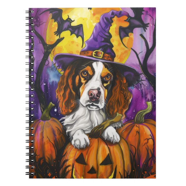 Spooky Brittany Spaniel Halloween Witch Pumpkin  Notebook (Front)