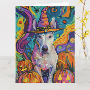 Spooky Bull Terrier Halloween Witch And Pumpkin Card
