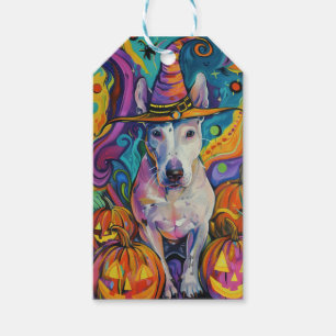 Spooky Bull Terrier Halloween Witch And Pumpkin Gift Tags