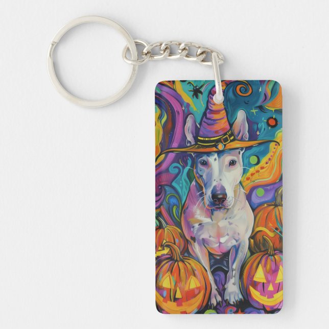 Spooky Bull Terrier Halloween Witch And Pumpkin Keychain (Front)