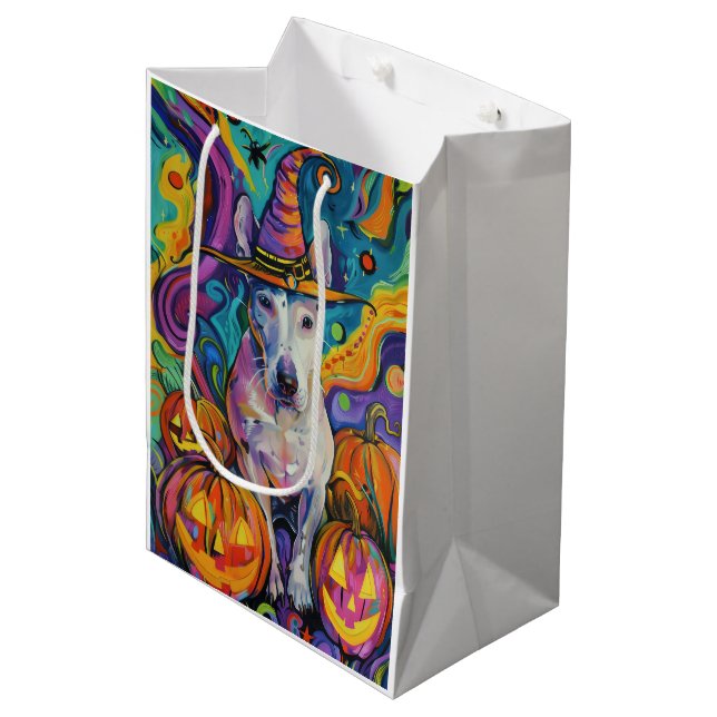Spooky Bull Terrier Halloween Witch And Pumpkin Medium Gift Bag (Front Angled)