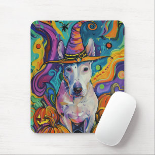 Spooky Bull Terrier Halloween Witch And Pumpkin Mouse Pad