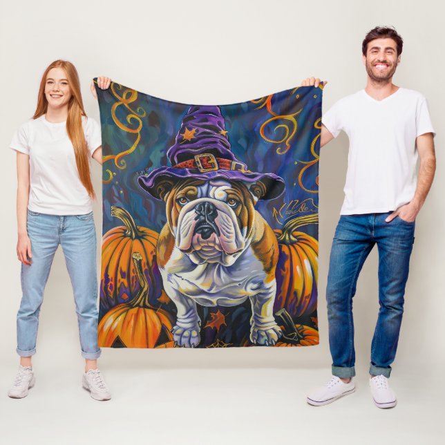Spooky Bulldog Halloween Witch And Pumpkin Fleece Blanket (In Situ)