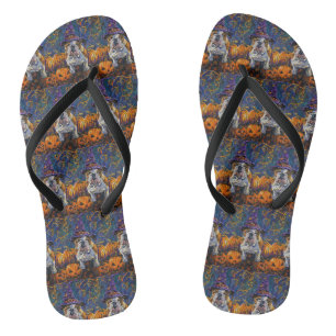 Spooky Bulldog Halloween Witch And Pumpkin Flip Flops