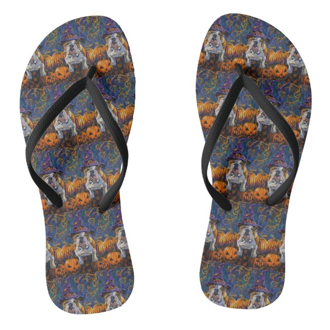 Spooky Bulldog Halloween Witch And Pumpkin Flip Flops (Footbed)