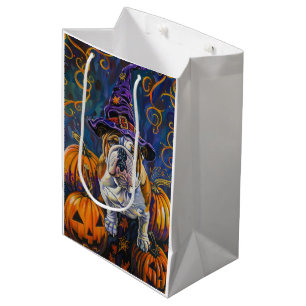 Spooky Bulldog Halloween Witch And Pumpkin Medium Gift Bag