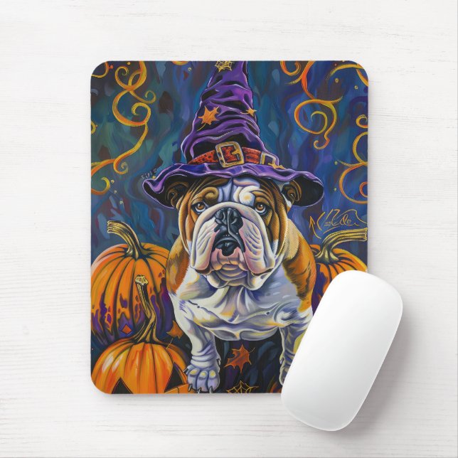 Spooky Bulldog Halloween Witch And Pumpkin Mouse Pad (With Mouse)