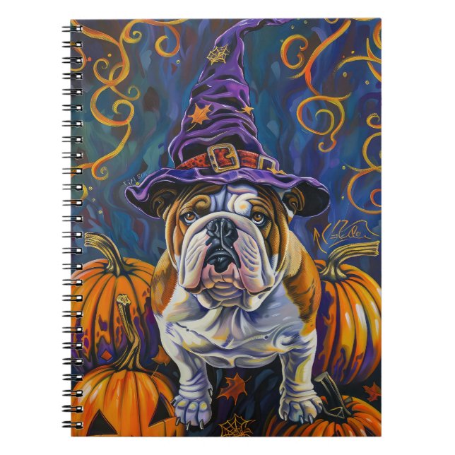 Spooky Bulldog Halloween Witch And Pumpkin Notebook (Front)