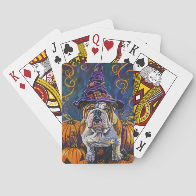 Spooky Bulldog Halloween Witch And Pumpkin Playing Cards (Back)