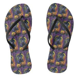 Spooky Bullmastiff Dog Halloween Witch And Pumpkin Flip Flops