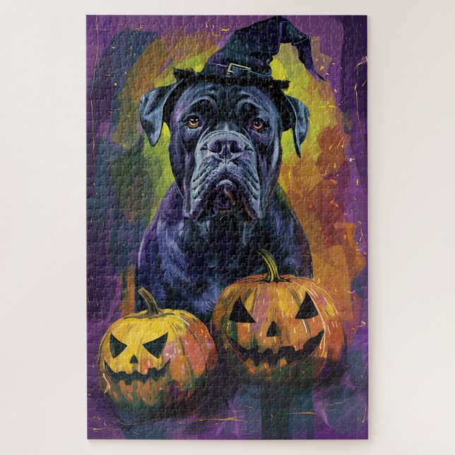 Spooky Bullmastiff Dog Halloween Witch And Pumpkin Jigsaw Puzzle (Vertical)
