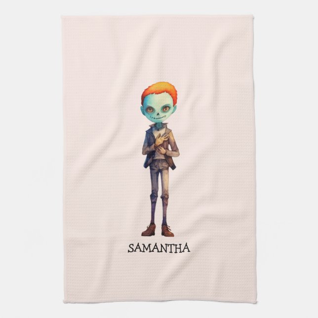 Spooky But Cute Zombie Kid – Adorable Macabre (2) Kitchen Towel (Vertical)