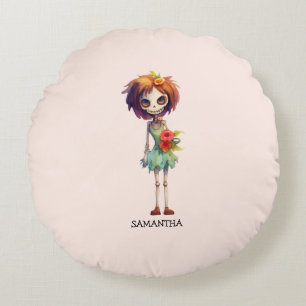 Spooky But Cute Zombie Kid – Adorable Macabre Round Pillow