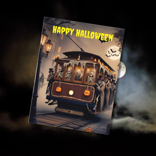 spooky cable car skeleton passengers halloween postcard (Creator Uploaded)