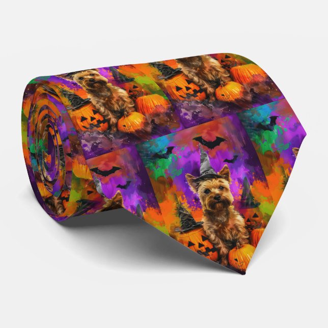 Spooky Cairn Terrier Dog Halloween Witch Pumpkin  Tie (Rolled)