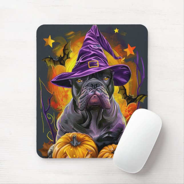 Spooky Cane Corso Dog Halloween Witch And Pumpkin Mouse Pad (With Mouse)