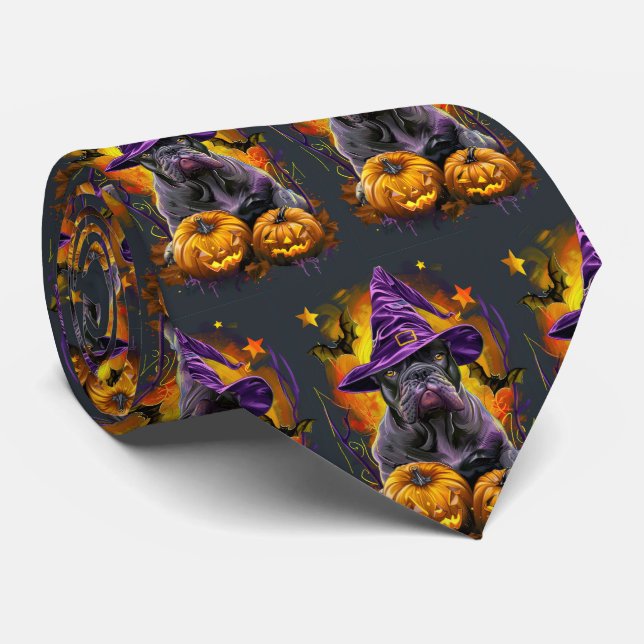 Spooky Cane Corso Dog Halloween Witch And Pumpkin Tie (Rolled)