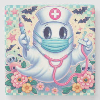 Spooky Cartoon Ghost Nurse: Halloween Art Stone Coaster