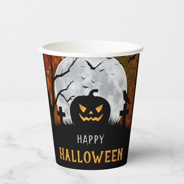 Spooky Carved Pumpkin Graveyard Halloween Party Paper Cups (Front)