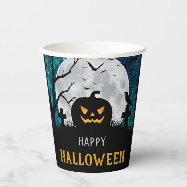Spooky Carved Pumpkin Graveyard Halloween Party Paper Cups (Front)