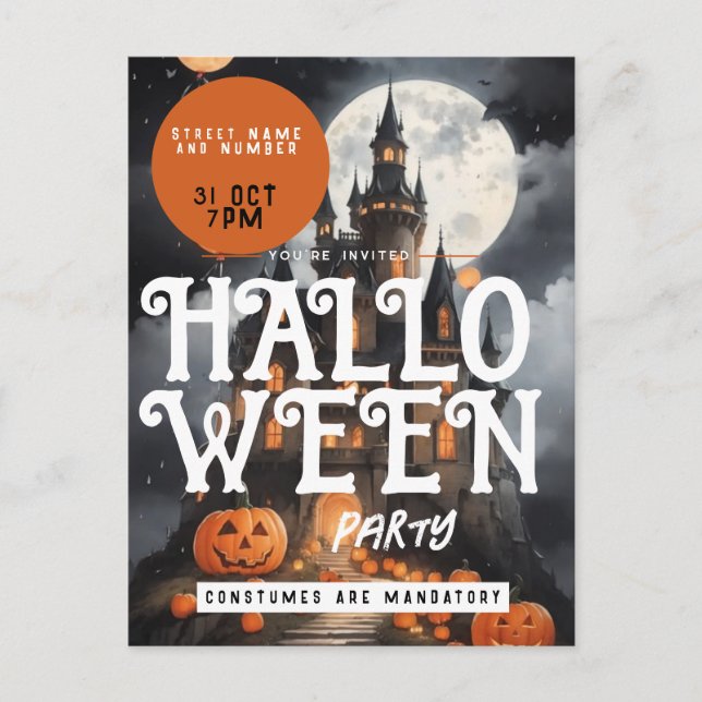 Spooky Castle Clouds Halloween Party Invitation Postcard (Front)