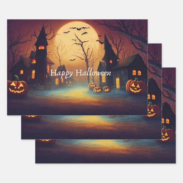 Spooky Castle Moonlit Halloween Wrapping Paper Sheet (Set)