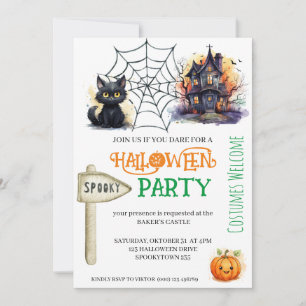 Spooky Cat and Castle Halloween Party Invitation