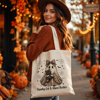Spooky Cat and Ghost Besties Halloween Tote Bag