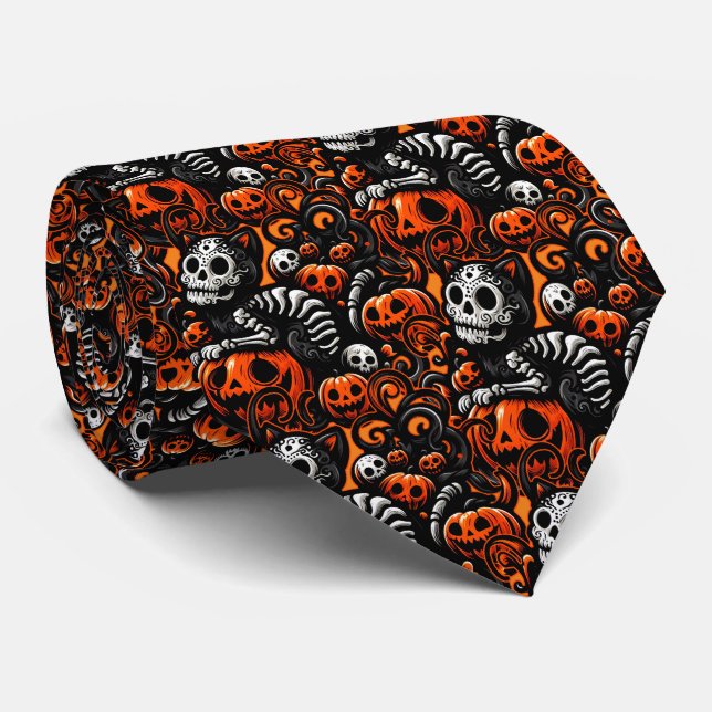 Spooky Cat and Pumpkins Tie (Rolled)