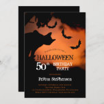 Spooky Cat | Bats Halloween 50th Birthday Party Invitation<br><div class="desc">Spooky cat silhouette on an orange night sky underneath a tree among swarming bats creepy Halloween 50th Birthday Party invitation.  Photo courtesy Saso Tusar via Unsplash.</div>