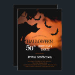Spooky Cat | Bats Halloween 50th Birthday Party Invitation<br><div class="desc">Spooky cat silhouette on an orange night sky underneath a tree among swarming bats creepy Halloween 50th Birthday Party invitation.  Photo courtesy Saso Tusar via Unsplash.</div>