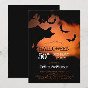 Spooky Cat   Bats Halloween 50th Birthday Party Invitation