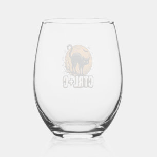 Spooky Cat CTRL C Vintage Halloween Vector Design_ Stemless Wine Glass