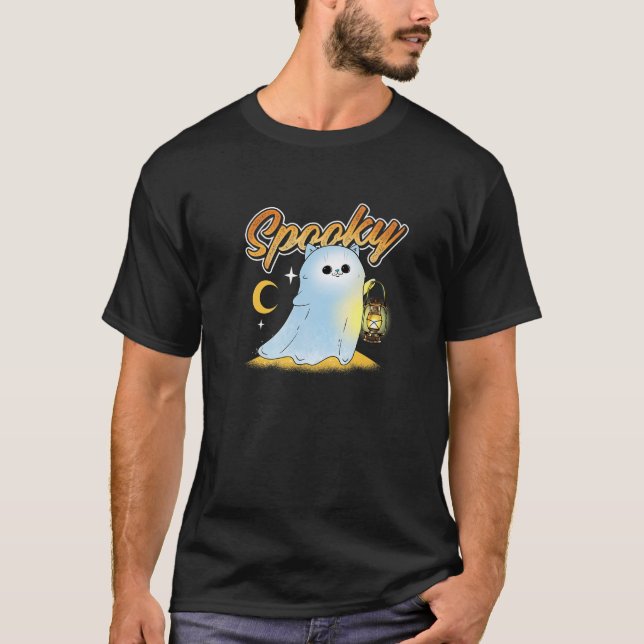 Spooky Cat Ghost With Lantern Spook Phantom Hallow T-Shirt (Front)