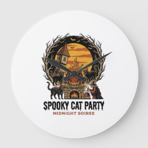 Spooky Cat Party Vintage Engraving Halloween Shirt Large Clock