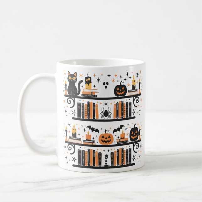 Spooky Cat Pumpkin Bat Spider Halloween Tee Coffee Mug (Left)