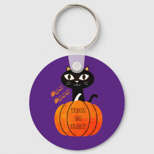Spooky Cat Purple Black Orange Pumpkin Halloween Keychain
