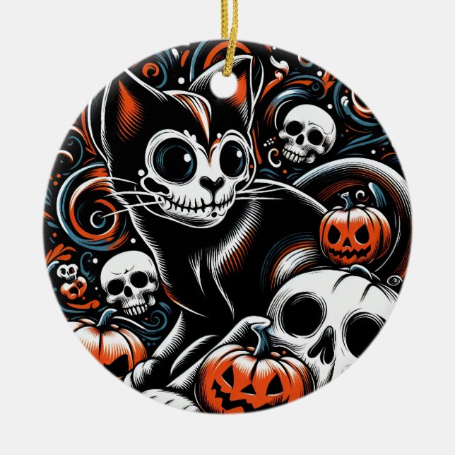 Spooky Cat with Skulls Ceramic Ornament (Front)