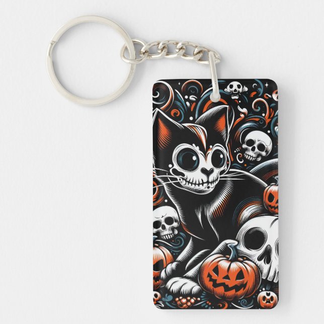 Spooky Cat with Skulls Keychain (Front)