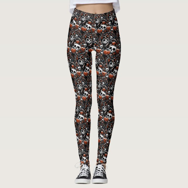 Spooky Cat with Skulls Leggings (Front)