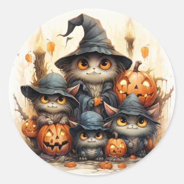 Spooky cats and orange pumpkins classic round sticker (Front)