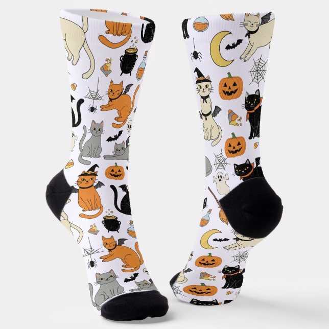 Spooky Cats Halloween Pattern Socks (Angled)